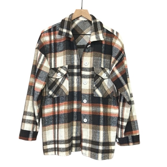 Casual Shacket Brushed Plaid Long Sleeve Flannel Lapel Buttons Pocketed Top - Picture 4 of 11